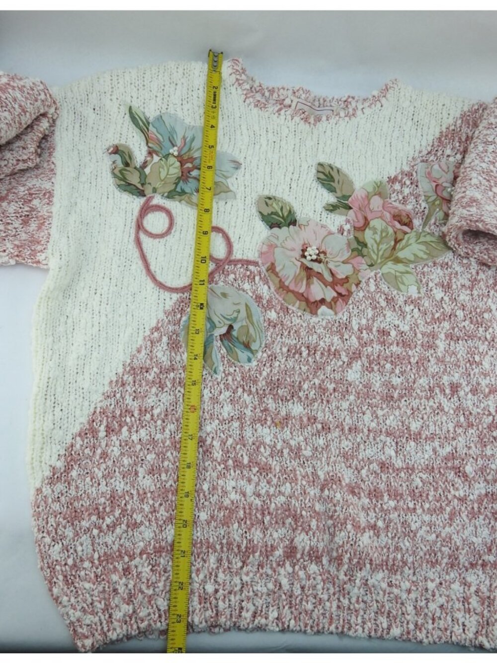 Vintage Pembrooke Pink White Sweater Floral Applique Cottagecore Korea Sz L - Picture 4 of 11